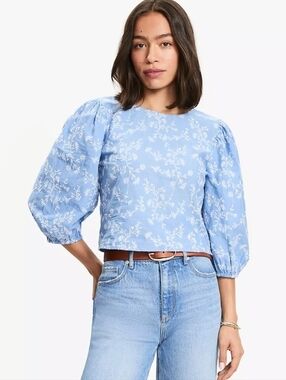 Loft Blue Floral Embroidered Elbow Sleeve Blouse Size 10